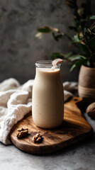 A creamy breakfast smoothie sits in a glass jar on a wooden cutting board. The background features warm kitchen decor and natural light pouring in