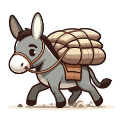 image of a grey donkey carrying a sack on its back with a simple and minimalist flat design using a white background