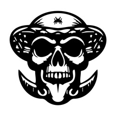 A skull wearing a hat and holding a knife, set against a plain background, conveying a spooky or humorous theme.