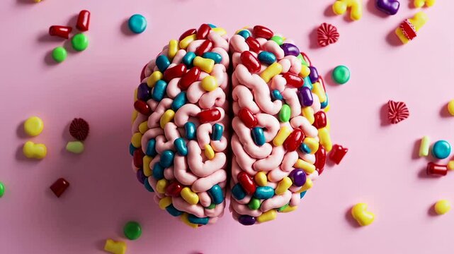Pink brain covered with colorful candies rotating slowly on a pink background with colorful candies scattered around, symbolizing sugar's effect on the mind and body