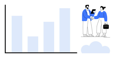Bar chart indicating progress, two people shaking hands while closing a deal with a clipboard and briefcase. Ideal for business, teamwork, growth, partnership, collaboration, analysis, success