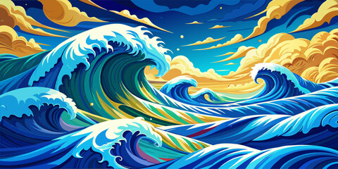 Fototapeta premium Vibrant Ocean Waves with Sunset Sky and Clouds.