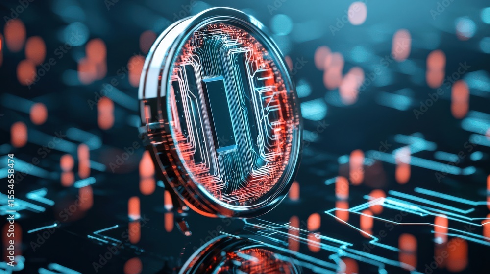 Aufkleber a coin with a computer chip on it is shown on a blue background