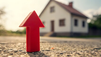 Upward Red Arrow Front of a House, Real Estate Growth and Property Value Concept