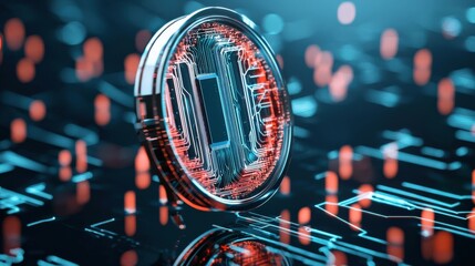 A coin with a computer chip on it is shown on a blue background