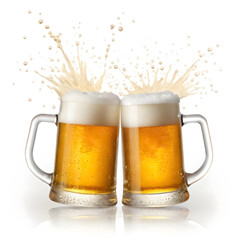 Flat lay of beer mugs clinking together with foam splashing
