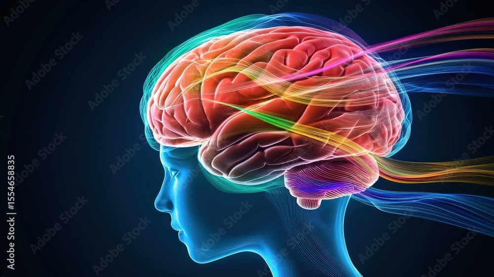 Poster a colorful brain with many different colored lines coming out of it
