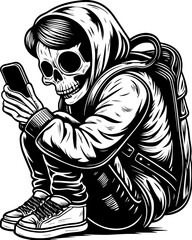 SVG of an urban gangster skeleton with a bold skull design in street style. 
 Urban Skeleton Youth with Smartphone in Stylish Hoodie and Backpack