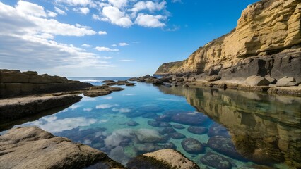 Rock pool reflecting blue sky and surrounding cliffs, sharp edges of rocks under shallow water