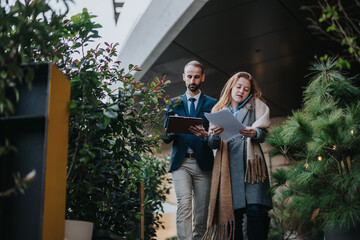 Two people, a man and a woman, are engaged in reviewing documents in an outdoor setting with lush...