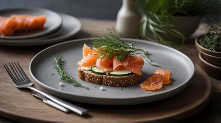 Smoked Salmon Avocado Toast with Cucumber Slices on Wooden Platter: A Culinary Art Brunch Presentation in Natural Lighting