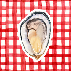 Watercolor hand painted delicious raw seafood oyster simple sketch illustration on traditional stripped background. Clip art for French cuisine menu, social media, ads and posters