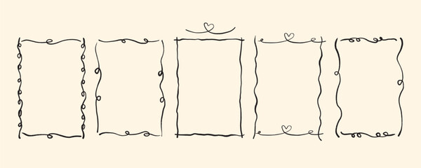 Vector hand drawn trendy summer wedding whimsical frame outline illustration set. Elegant flat minimalist hand drawn modern art for wedding invitations, menu, graphics and design