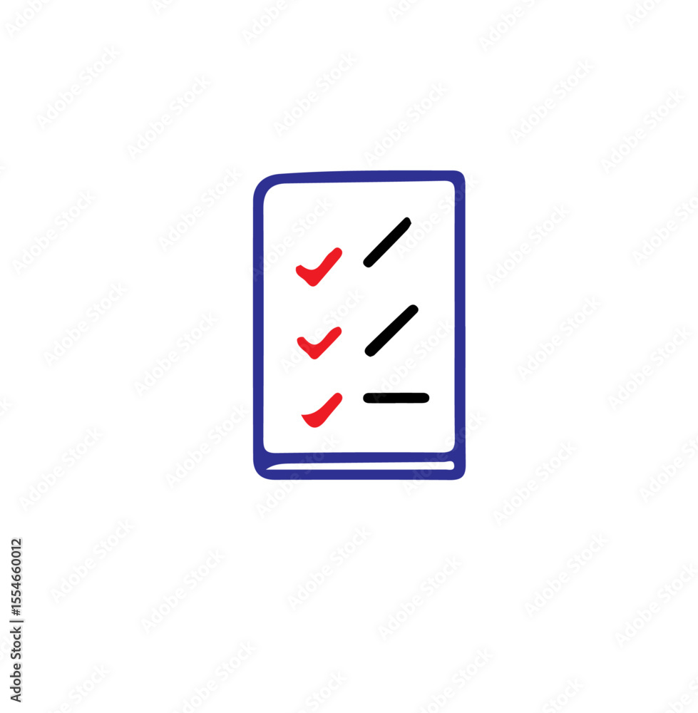 Poster a checklist with red and black marks on a blue notepad icon