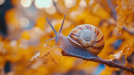 A snail on a branch amongst autumn leaves
