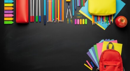 A Diverse Assortment of Essential School Supplies Neatly Arranged on a Black Chalkboard Surface for Educational Purposes and Artistic Expression