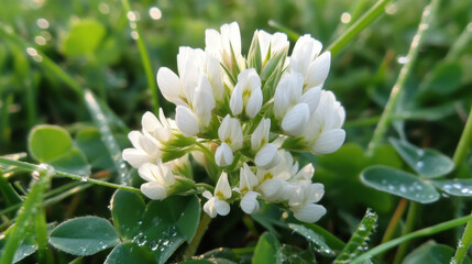 delicate harmony and pristine moments of a new day commence with essence of purity and awakening found in white clover flowers nestled in dew-kissed grass during early morning