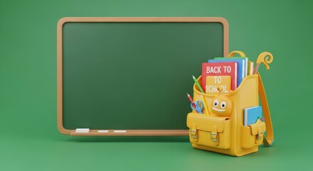 A brightly colored yellow backpack filled with books and school supplies is positioned next to a green chalkboard against a plain green background symbolizing the start of the academic year