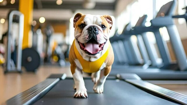Happy bulldog trots on a treadmill in a gym setting