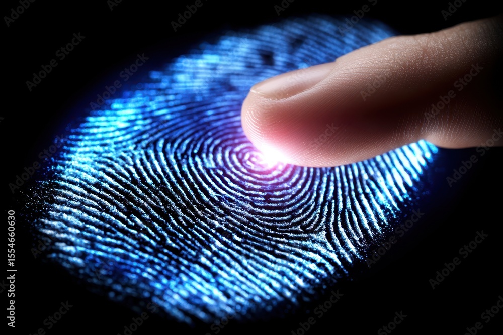 Poster finger touches a digital fingerprint scanner in a dark setting demonstrating biometric security
