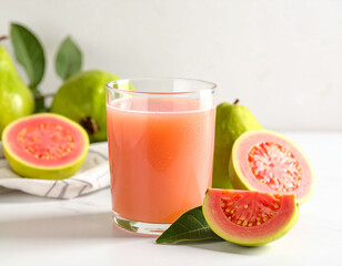 Guava Juice in Clear Glass on White Background – Fresh Pink Tropical Fruit Drink with Healthy Nutrients, Perfect for Summer Refreshment, Natural Beverage, Wellness, and Clean Minimal Food Concept