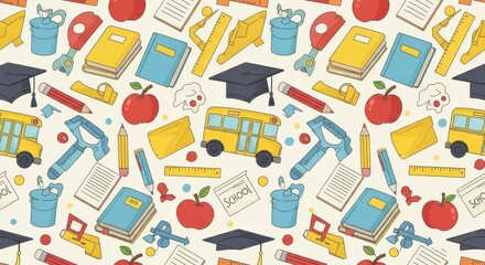 A Whimsical And Colorful Pattern Featuring Essential School Supplies And Educational Icons Perfect For A Bright And Engaging Learning Environment