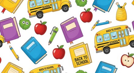 A Whimsical Collection of School Supplies Featuring Yellow Buses Red Apples Green Pens and Purple Books Set Against a Clean White Background Illustrating Early Education and Childhood Learning 