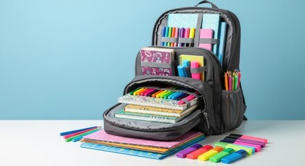 A fully stocked backpack ready for students showcasing a vibrant collection of colorful school supplies and accessories for academic success and learning
