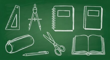 A Chalkboard Display of Essential School Supplies and Drawing Instruments Ready for Creative Learning and Academic Exploration