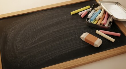 A Vintage Blackboard with Colorful Chalk Sticks and Eraser Ready for a New Lesson or Creative Drawing Activity Bringing Back Nostalgic School Days of Learning and Education