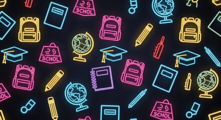 Vibrant Neon Glow Collection of Essential School Supplies Celebrating Education and Learning
