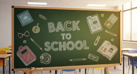 A beautifully illustrated chalk drawing on a green blackboard announces the return to school with fun images surrounding the text