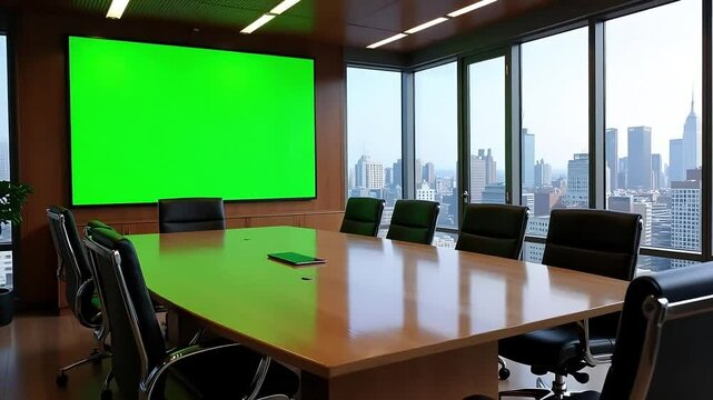 Conference room with green screen display, wooden table, and city view through large windows seen 4k video