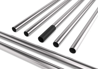 Steel metal pipes, industrial products, Galvanized and stainless, 3D rendering.
