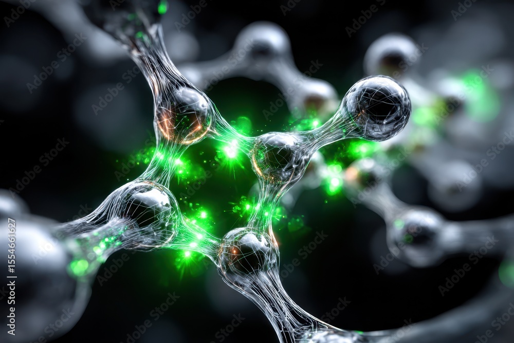 Poster molecular structure displaying connectivity with glowing green elements in a scientific setting