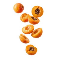flying apricot halves and whole fruits on a white background for culinary and healthy lifestyle copy space