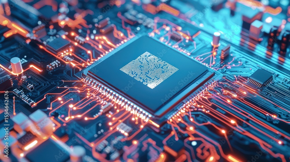 Poster a computer chip is shown in a close up with a blue background