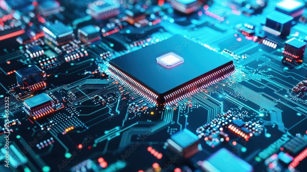 Poster a computer chip is shown in a very detailed and colorful way