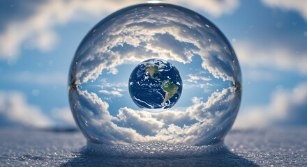bubble, globe, cloud, clouds, space, snow, reflection, light, blue, earth, soap, water, glass, ball