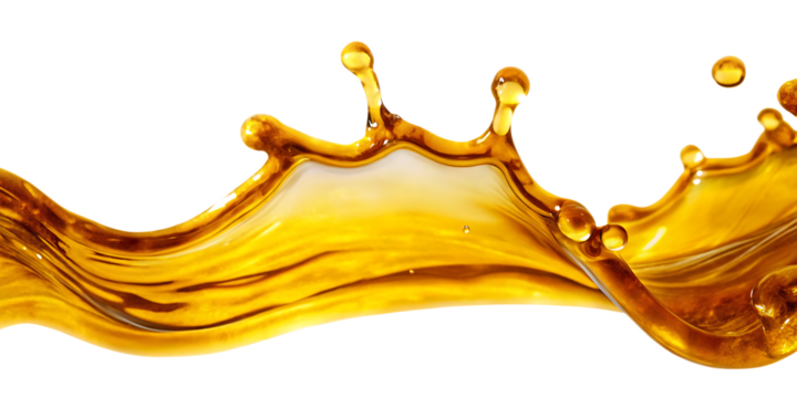 Golden liquid splash with droplets isolated on a transparent background fluid