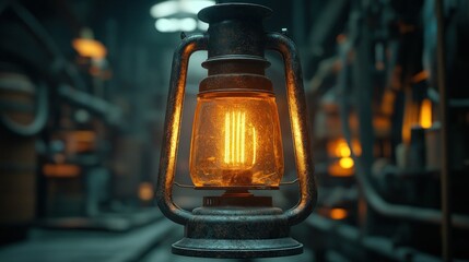 Rusty lantern, warm light, industrial setting