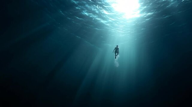 Deep Sea Diver Descending into Blue Ocean Light Rays in Tranquil Underwater Exploration Scene
