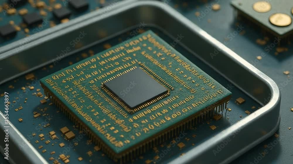 Poster examining detailed view of computer chip for technology content