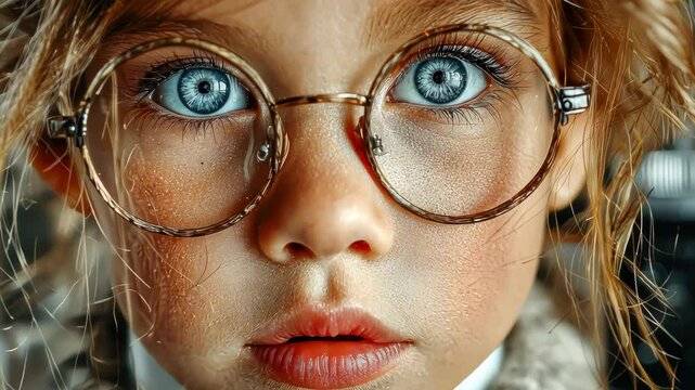 Close-up portrait of a young girl with striking blue eyes and round glasses, framed by loose hair, during an eye examination