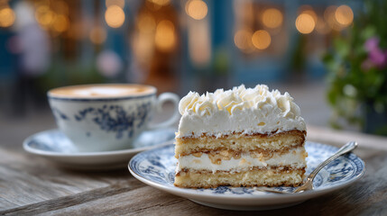 Classic layered sponge cake slice, whipped cream piped on top, next to a creamy flat white on vintage saucer, on an aged wood cafÃ© table surrounded by soft background lights and bl