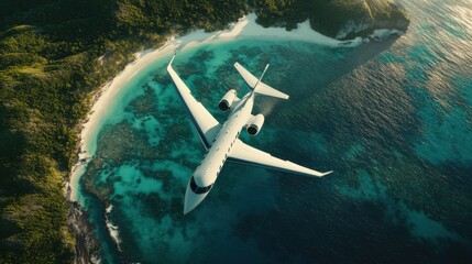 Naklejka premium Luxury Private Jet Flying Over Tropical Island Paradise Beach Aerial View