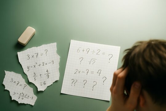Student thinking about math problems while studying at desk  