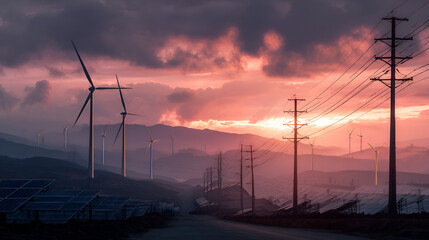 Obraz premium Wind turbines solar panels and power lines at dusk