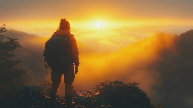 Hiker silhouette at sunrise: Backpacker admiring the breathtaking sunrise from atop a misty mountain.