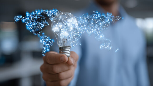 Modern office background with a focused businessman holding a luminous idea bulb featuring a semi-transparent world map, AI and blockchain icons floating nearby, highlighting futur